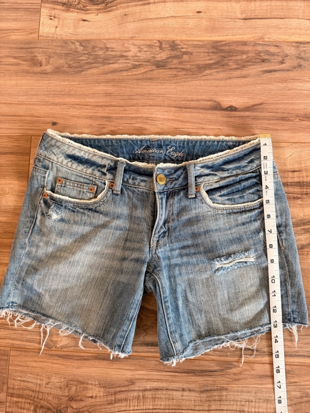American Eagle Outfitters Light Blue Frayed Hem Denim Shorts Lace Detail - Picture 7 of 8